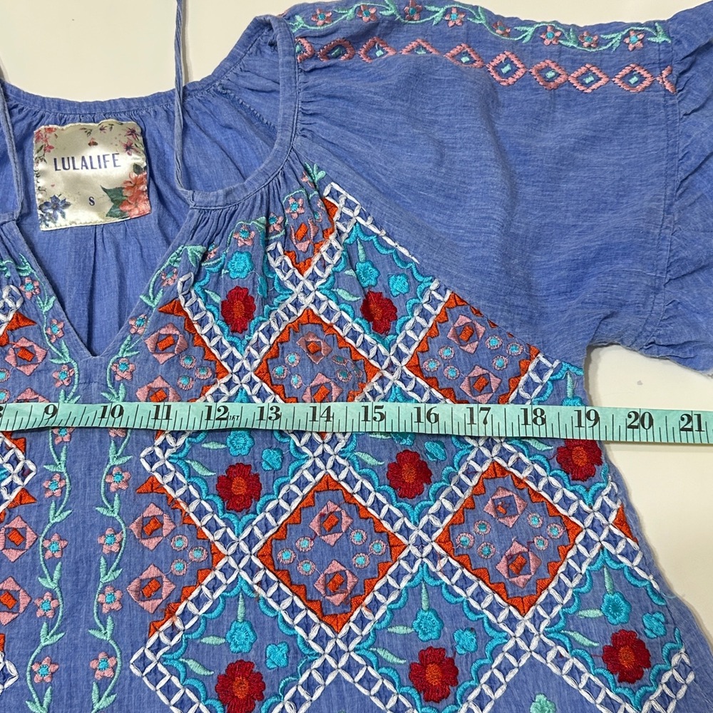 LulaLife Embroidered Dress Womens Small Blue Bohemian Mumu Vacation House Dress - Picture 11 of 13